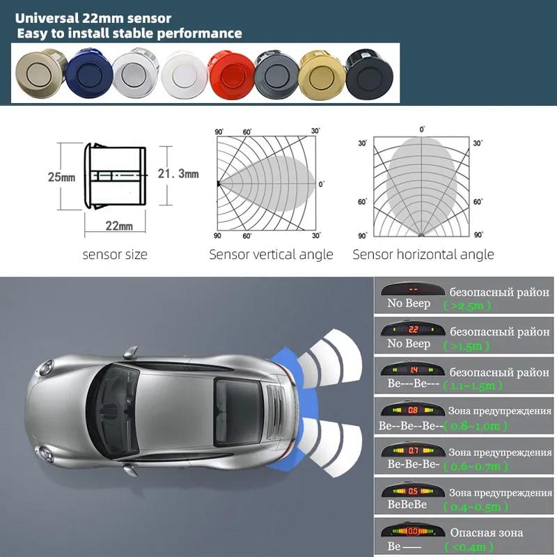Kmind Car Rear Parking Sensor Kit System 4 Reversing Radar Sensors 12V 22mm Reverse Monitor LED ScreenSound Alert Indicator