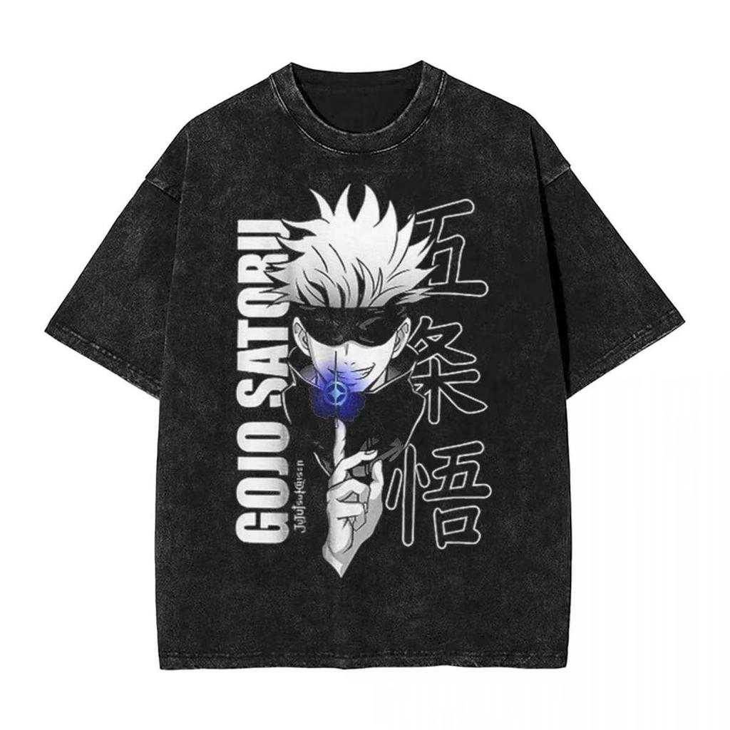Hot Sale Vintage Washed T-shirt Satoru Gojo Jujutsu Kaisen Anime Graphic Tee Men Oversized Streetwear Short Sleeve Tops
