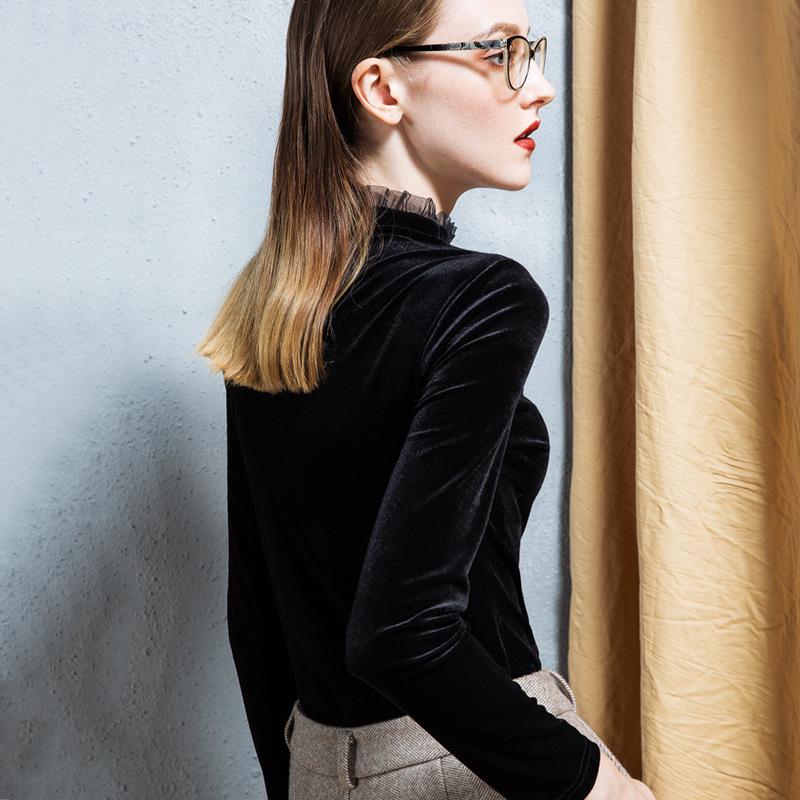 Sametová volánová blůza se stojáčkem - Dámská módní košile v evropském stylu na podzim/zimu