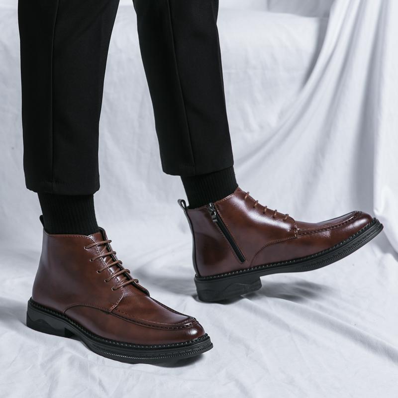 Brittiska Vinter Nya Spetsiga Snörskor Dragkedja Patchwork Lackläder Ankelstövlar Män Casual Lyxiga Höga Skor Zapatos Hombre