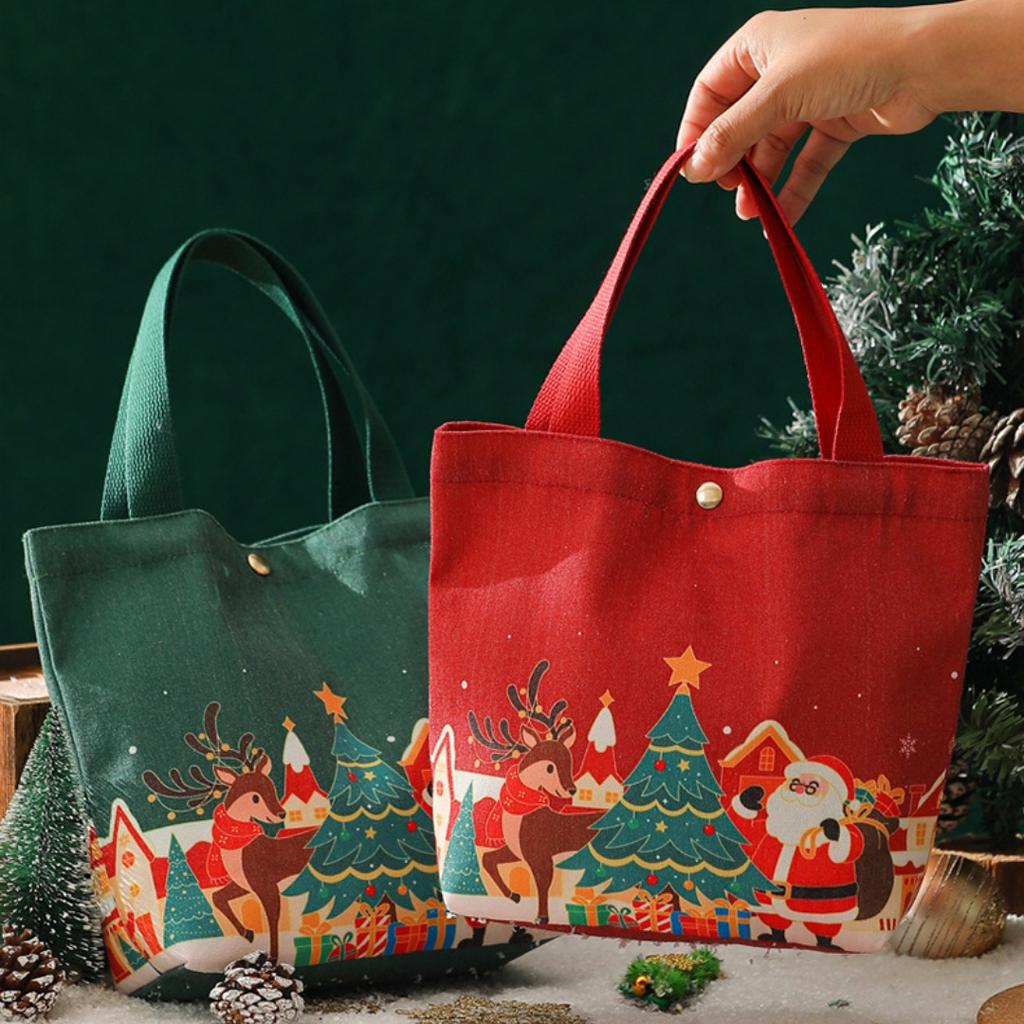 Christmas Portable Handbag Canvas Bag Christmas Eve Apples Gift Box Large Capacity Handheld Shopping Bag for Kids New Year Gift