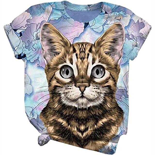 

Забавные женские футболки, летняя кавайная футболка с 3d принтом кота, модный топ с короткими рукавами, женская женская одежда большого размера с круглым вырезом 4XL