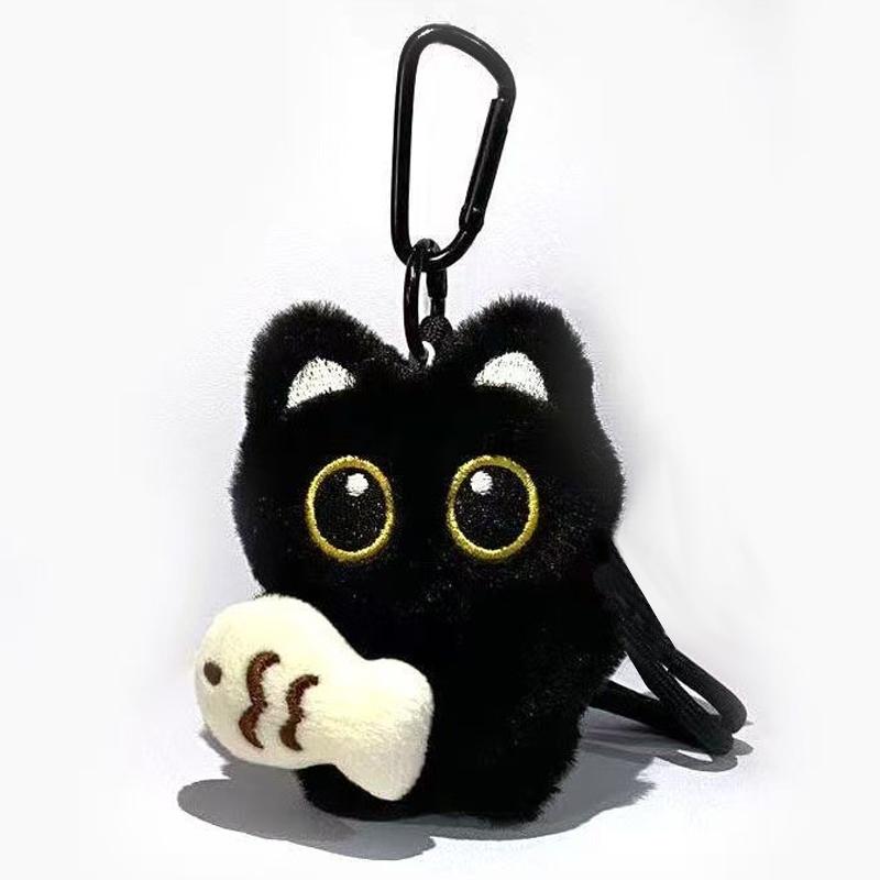 Black Cute Cat Catching Fish Plush Toy Doll Keychain Bag Pendant Charms Car Keyring Accessories For Women Couples Cute Kawaii Gift