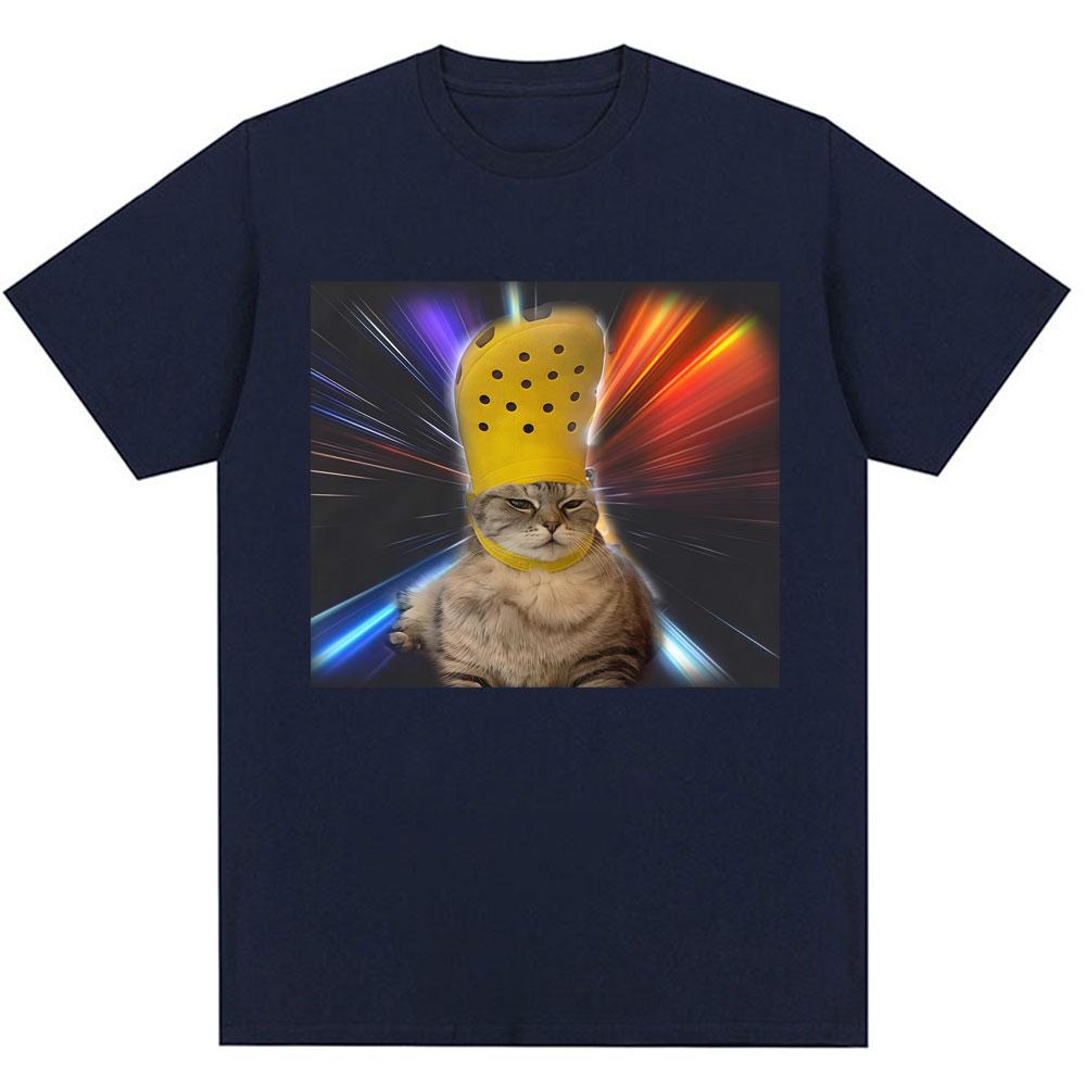 Funny Cat with Croc on Its Head Meme T Shirt Men Women Humor Popular Joke T-shirts Personality Oversized Cozy Cotton O-Neck Tees