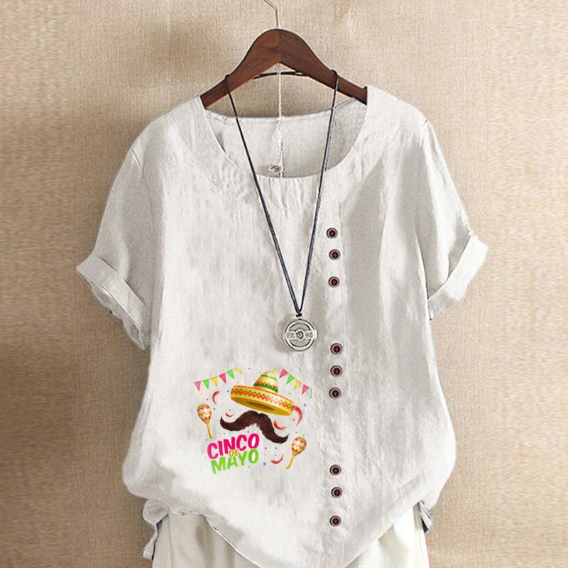 Women's Fashion Round Neck Short Sleeve T-shirt Casual Cotton Linen Graphic Shirt Leisure Loose Beard Prined Summer Blouse Tops