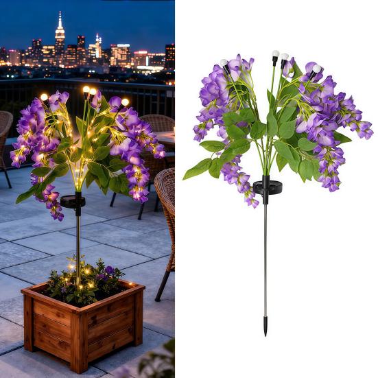 Stainless Steel Ground Stake Lamps 2Pcs Artificial Flower Solar Lights, Lily Bamboo Wisteria Garden Lights Powered Firefly Waterproof Pathway