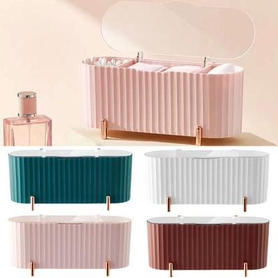 Caja de almacenamiento de cosméticos de escritorio, organizador de maquillaje a prueba de polvo para almohadillas de algodón, hisopos, soporte para huevos de belleza, organización de joyas para baño