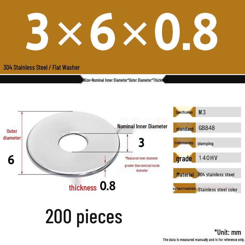304 Stainless Steel Thickened Flat Washer Set, Sizes 2-36