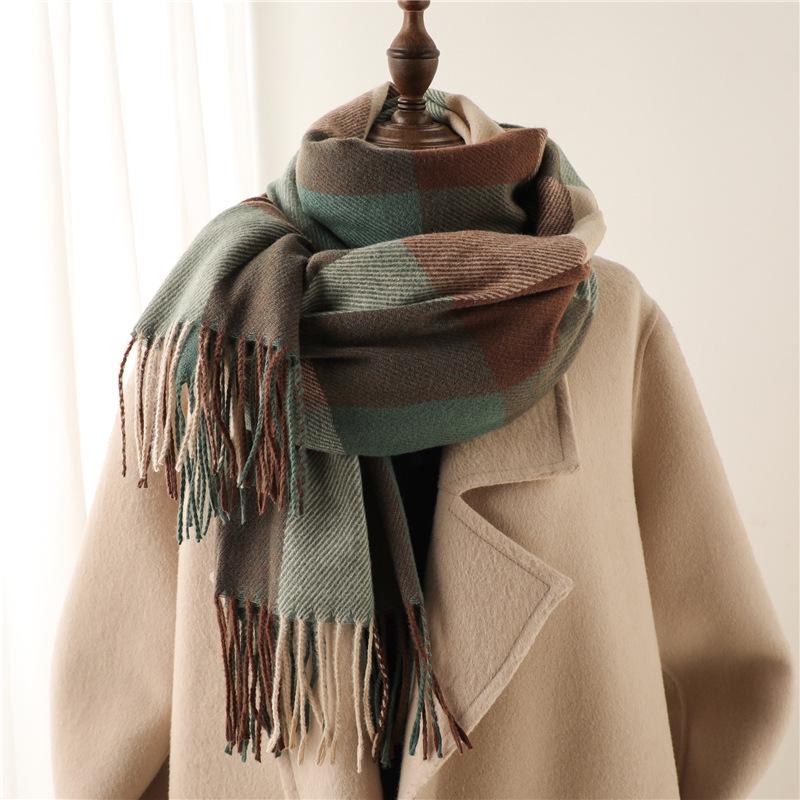 Unisex Korean Plaid Thick Winter Scarf with Tassels - Imitation Cashmere Shawl