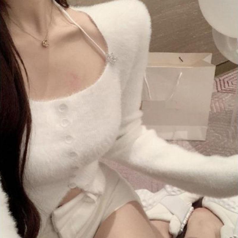 Pulovr Podzimní a zimní čtvercový výstřih Závěsný výstřih Norkový plyšový svetr Ženy Podzimní a zimní krátký pletený svetr Dámský top