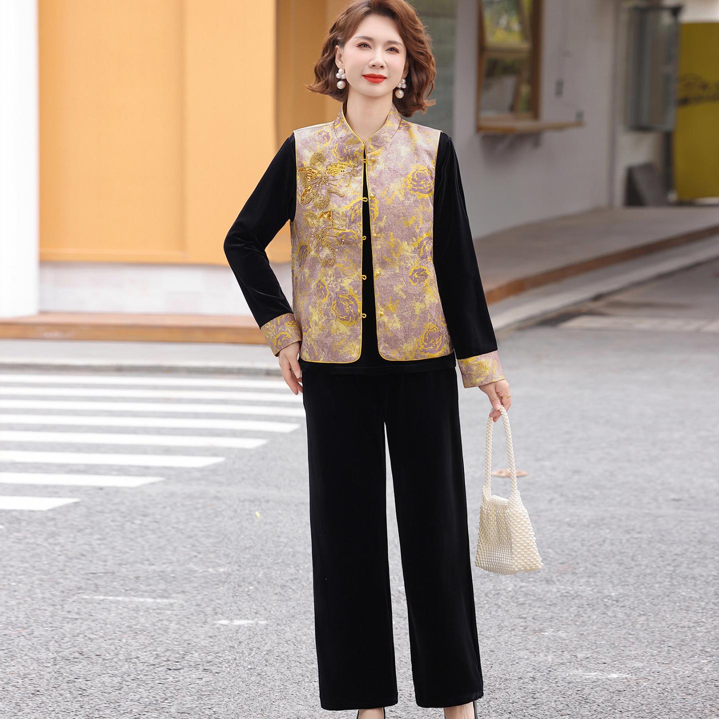 Elegant Spring Suit: Golden Velvet Vest and Jacket Set for Women Aged 40-50 4XL fits 135-150 jin