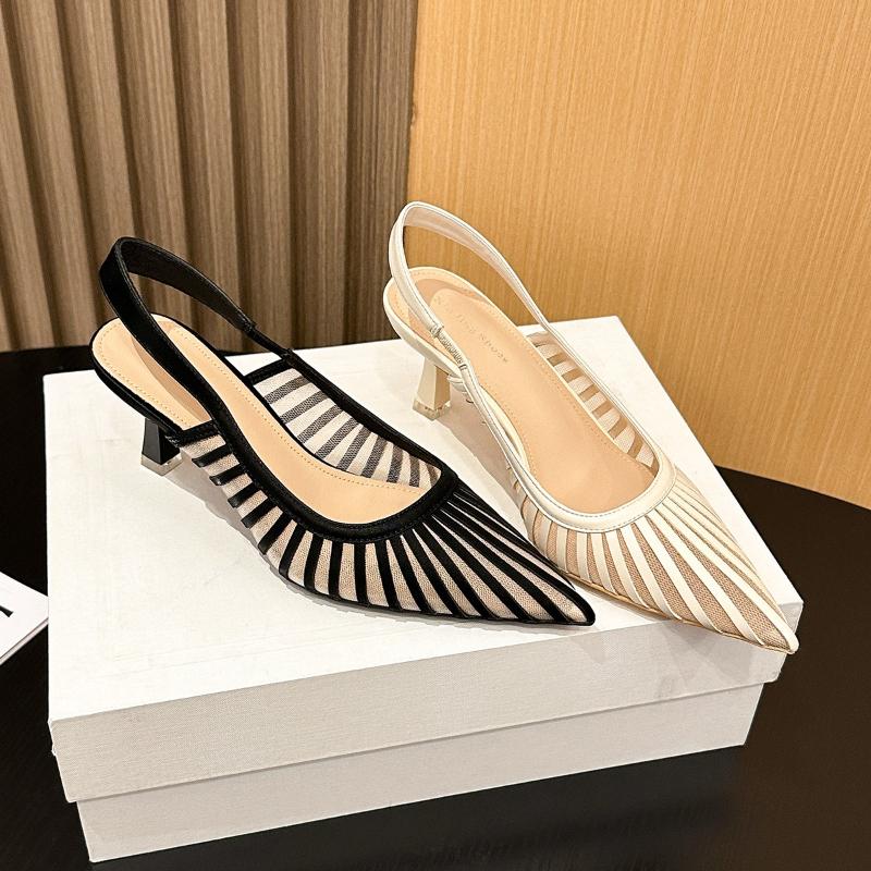 Mode 2025 Trendige Französische Spitzschuhe Streifen High Heel Pumps Damen Sexy Mesh Peep Toe Rückenfreie Sandalen