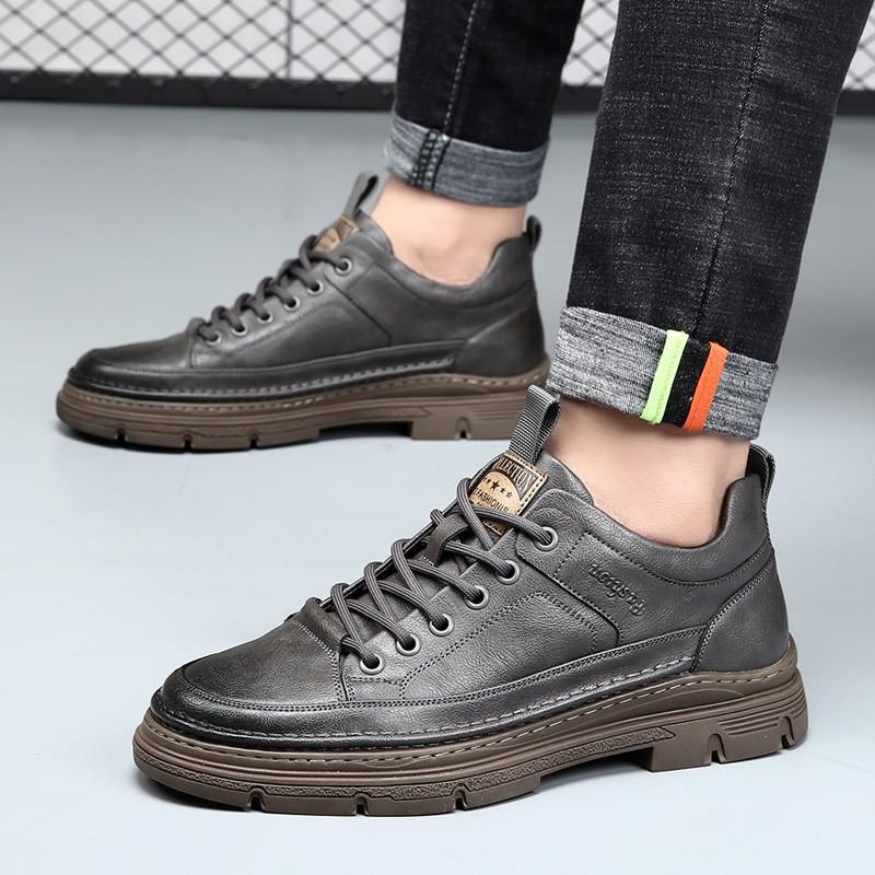 Mens Casual Leather Shoes 2026 Trendy British Style Round Toe Low Cut Soft Sole
