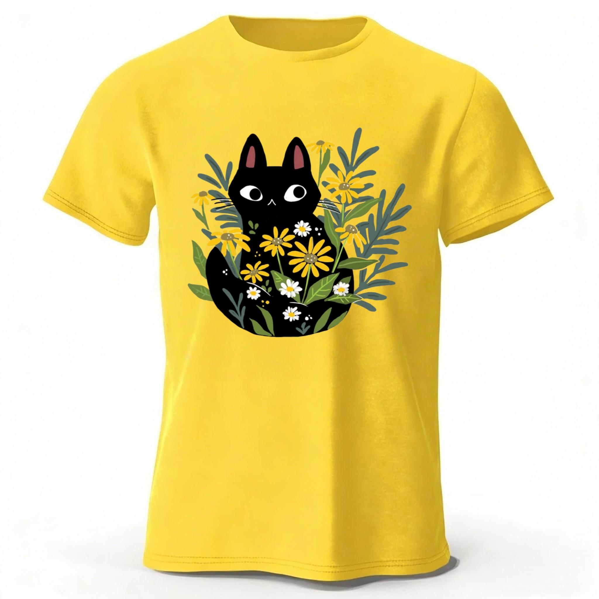 

Spring Literature Clear Black Cat Printed Cotton T-shirt for Men Fashion Casual Plus Size Loose Short Sleeve Soft Top XL жёлтый