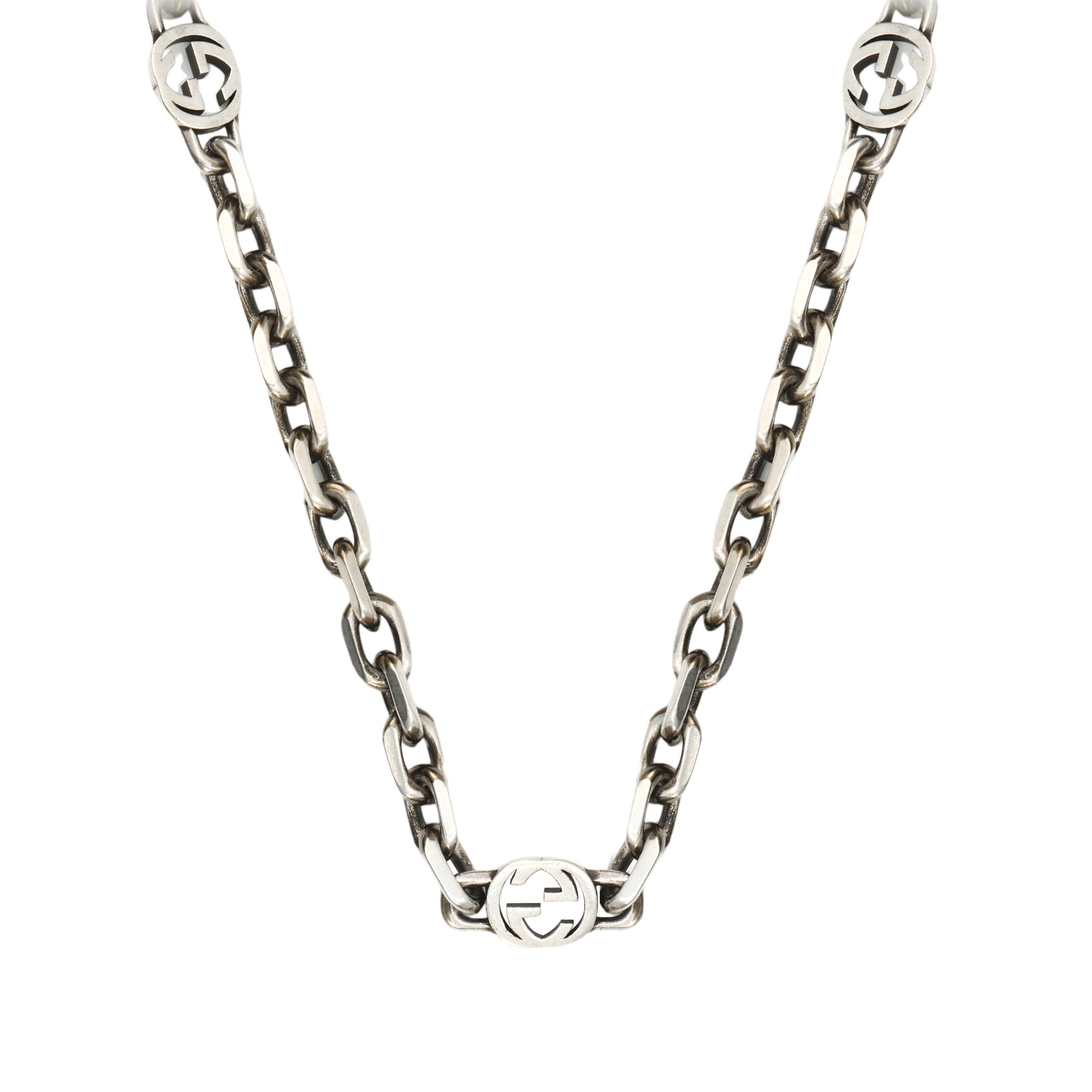 

Gucci Interlocking Double G Pattern Vintage Distressed Matte 925 Silver Necklace Unisex necklace YBB616941001 Dust Bag+Box (Random Color)