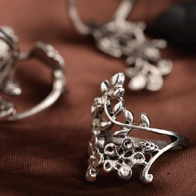 4Pcs Women Vintage Stereo Flower Leaves Midi Finger Knuckle Rings Set Jewelry