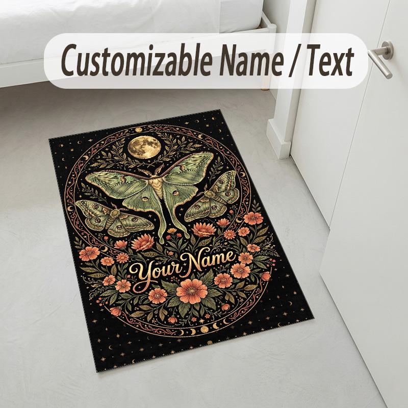 Moonlit Moth Garden Theme Soft Crystal Velvet Rug Custom Name & Text Print Non Slip Floor Rug for Bedroom Living Room