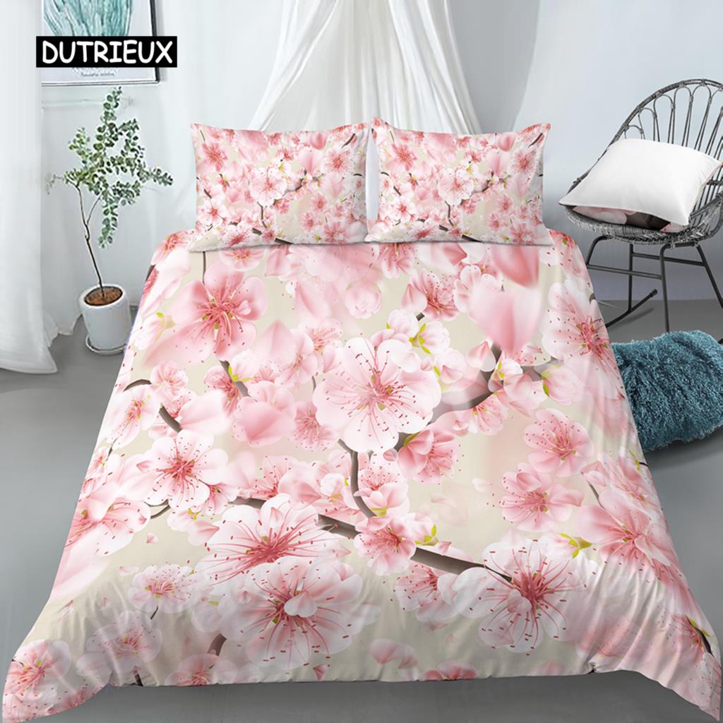Blätter und Blumen Bettbezug-Set King Size Palmblätter Rosa Blumendruck Steppdeckenbezug für Mädchen Jungen Polyester 2/3-teiliges Bettwäscheset