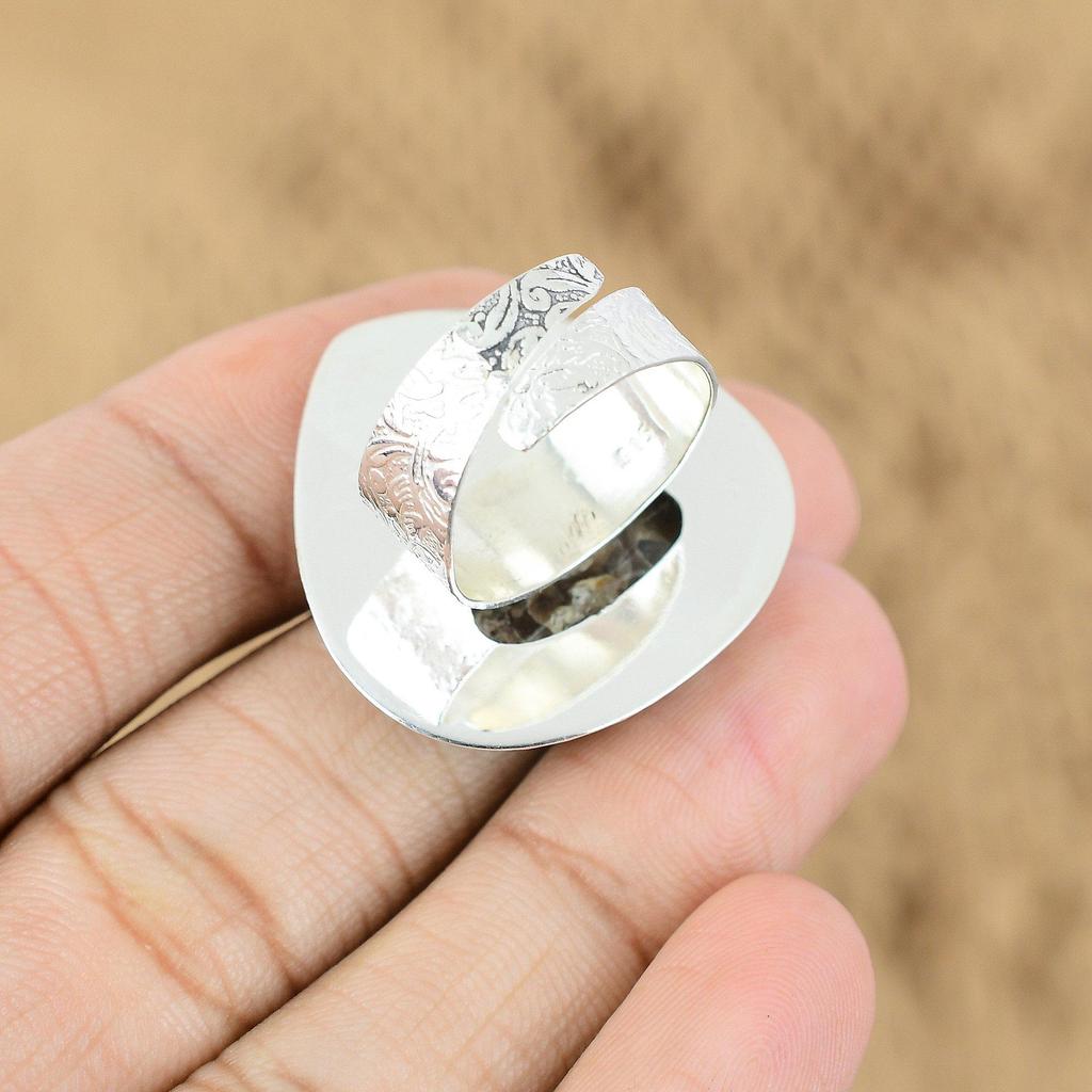 Turritella Agate Gemstone Sterling Silver Engagement Cresent Moon Ring Jewelry