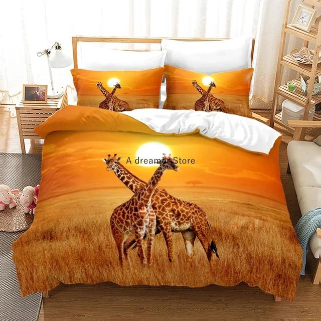 African Animals Giraffe Sunset Bedding Set 3D Duvet Cover Set Bedspread For Boys Girls Kids Home Textiles Microfiber Bedspread