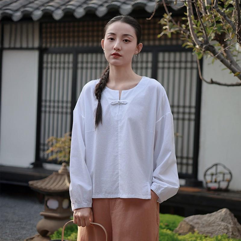 Johnature Women Vintage Pullover T-Shirts Soft Spring Solid Color Long Sleeve Button Casual Loose T-Shirts
