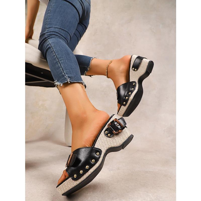 Large-Size Sandals – Summer New Wedge Metal Buckle Slippers, Belt Buckle Casual Beach Slide Sandals for Women