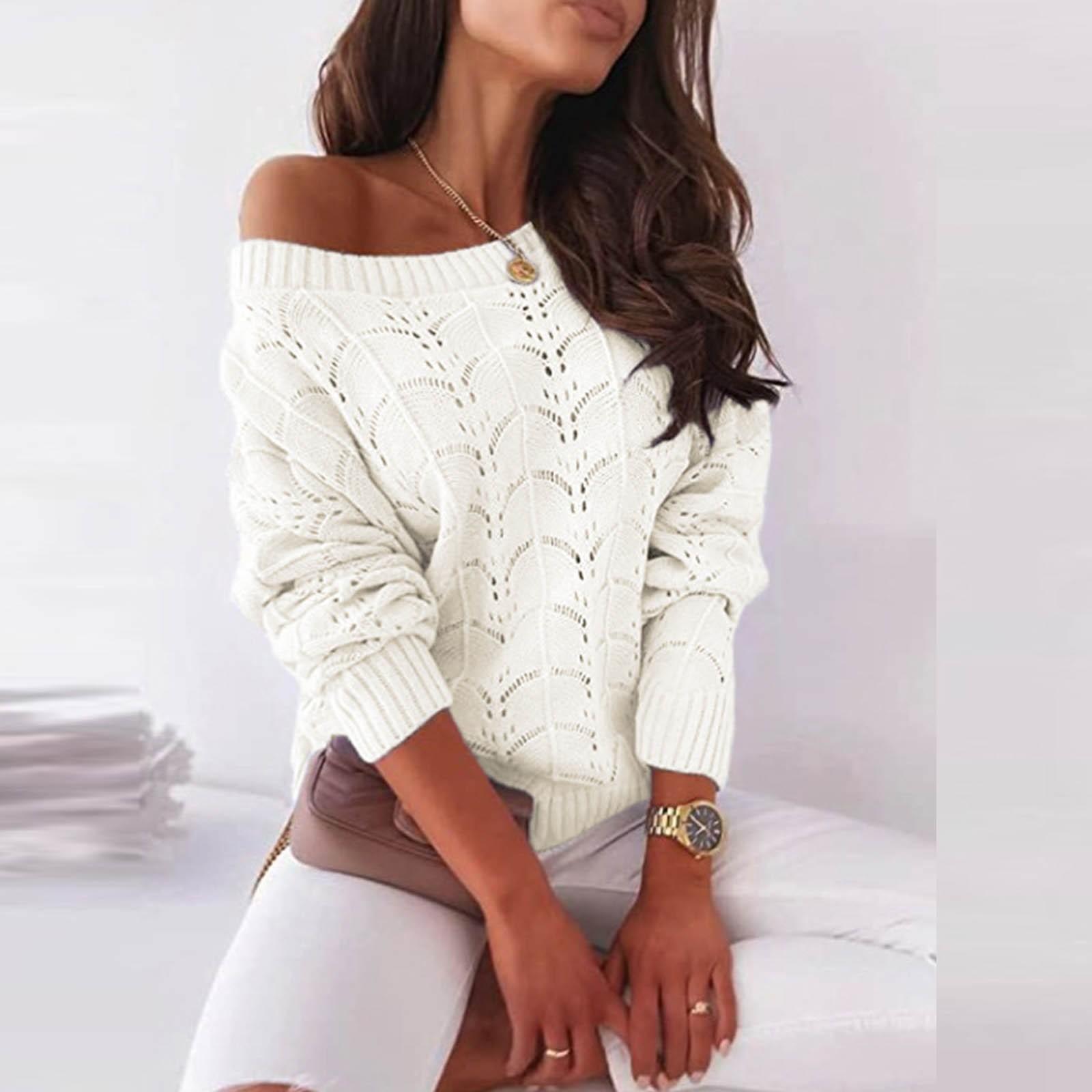 

Женский однотонный полый полосатый трикотажный свитер с круглым вырезом