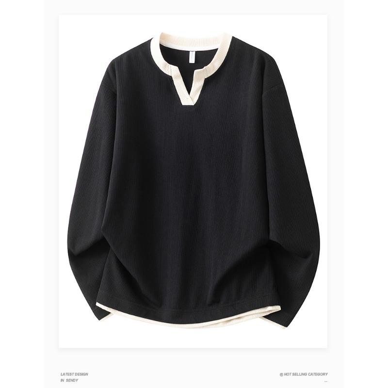 Унисекс V-образный вырез Длинный рукав Футболка Свободный крой Контрастный цвет Повседневный Ребристый топ L