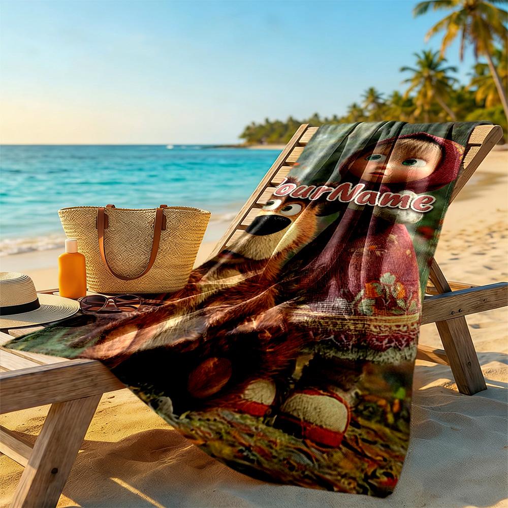 Masha Bear Customize Text Beach Towel Quick-Dry Soft Microfiber Ideal for Travel Outdoor Swim Pool Yoga Surf Camping Hiking Gym Gift Holiday