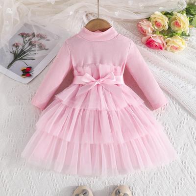Spring and Autumn New Cute Lady Long Sleeve High Neck Solid Color Cake Dress Mesh Baby Girl Princess Dress
