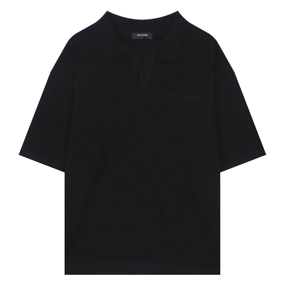 C/P Waffle Open Collar Short Sleeve Knit Black Black_M