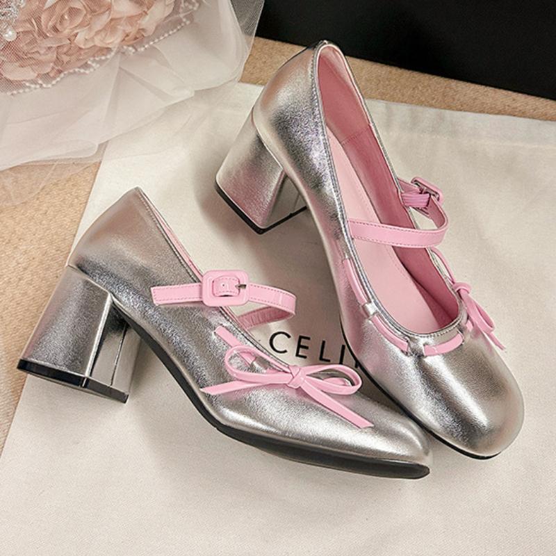 Patent Leather Mixed Color Chunky Mary Jane Shoes Women Sweet Round Toe Bowknot Sandals Fashion Party Buckle Wedding High Heels