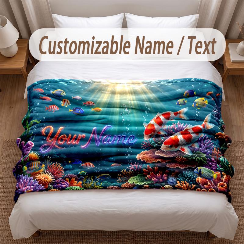 Fish Ocean Theme Soft Blanket Personalized Custom Name Text Print Warm Blanket Home Sofa Bedroom Decor