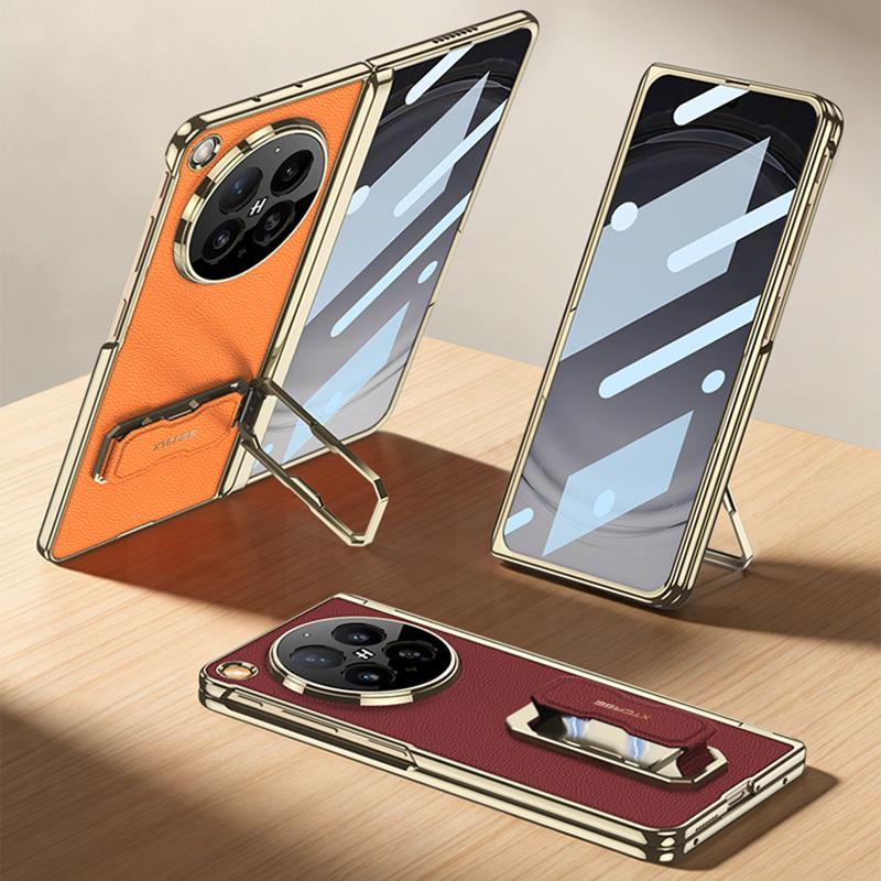 Magnetic Hinge Plating Leather Case For OPPO Find N6 Fold Stand Wristband Screen Glass Protective Cover For OPPO Find N6 Case