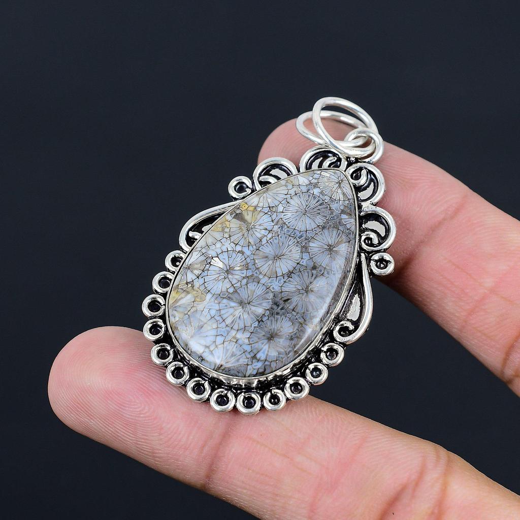 Fossil Coral Stone Sister Bezel Trendy Artisan Birthday Pendant Sterling Silver