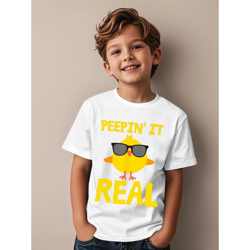 

European Size Childrens Round Neck Short Sleeved T Shirt with Chicken Themed Print 164cm білий