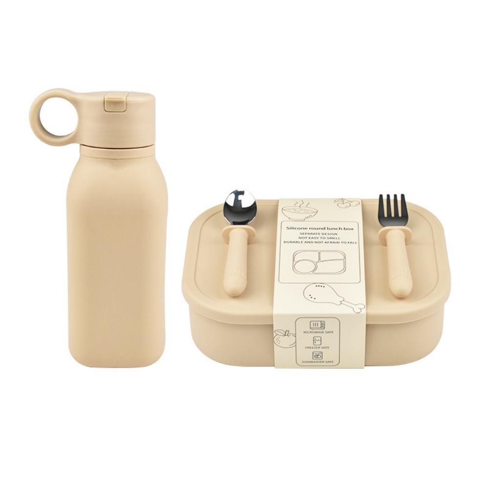 

4PC/Set Silicone Bento Box Straw Water Bottle Leak-Proof Lunch Container Fork Spoon With Packaging Card BPA-Free Dishwasher Safe 4&1340ml&1 хаки