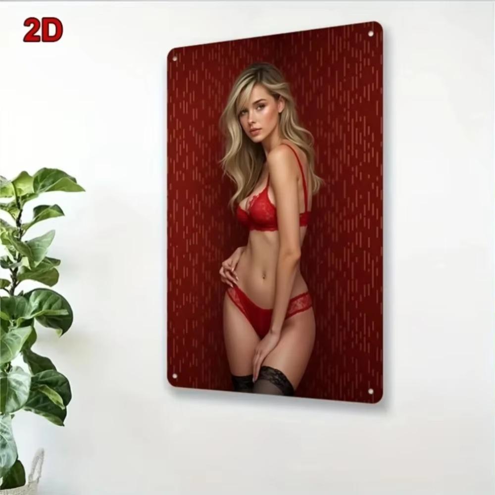Retro 1950s Woman Iron Wall Art 8x12 Inch Red Burgundy Metal Decor Medieval Style for Bar Cafe Home