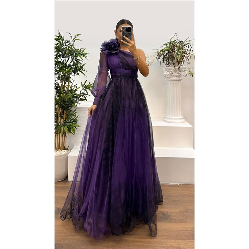 

Жіноча вечірня сукня з 3D-квітковим декором, плісирована на одне плече, плісирована сітчаста банкетна сукня з одним довгим рукавом, тонкою талією, трапеції, довжиною в підлогу, з розрізом, подолом, куля S темно-фіолетовий колір
