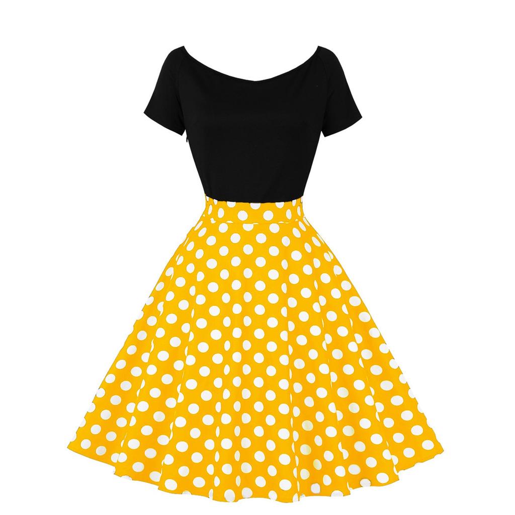 Women's Crewneck, Short Sleeve Stitching, Contrasting Vintage Polka Dot Dress, Oversized Skirt