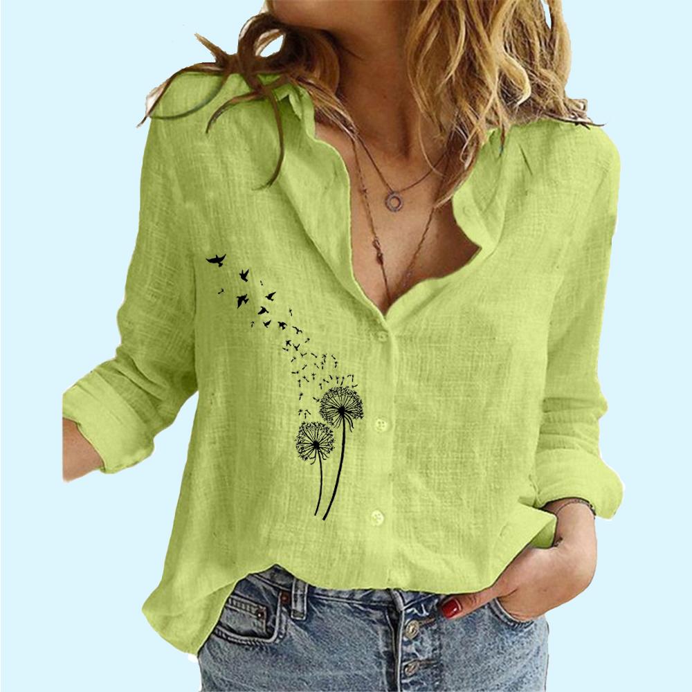 Women Fashion Dandelion Print Shirt Ladies Linen Long Sleeve Top Summer&fall Button-Down Blouses