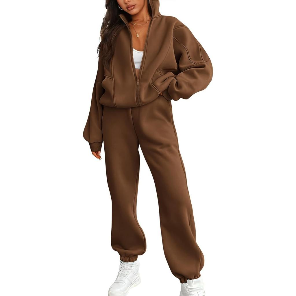 2025 Women's Fleece Sweatshirt Two-Piece Set Casual Zip-Up Loose Fashion Tracksuit