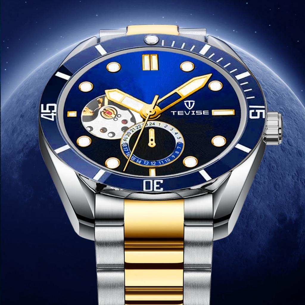 TEVISE Casualny Automatyczny Zegarek Mechaniczny dla Mężczyzn Świecące Wskazówki Pasek ze Stali Nierdzewnej Modny Luksusowy Szkielet Zegarki Męskie