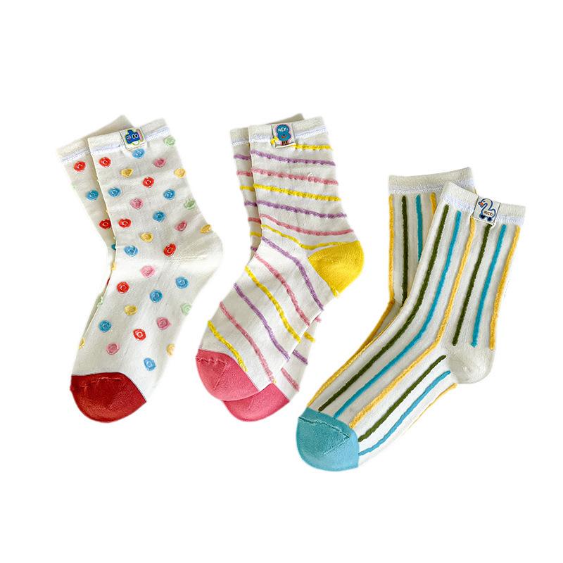 Cartoon Fabric Label Socks for Women's Summer Trend Design. Colorful Polka Dot Stripes Are Cute and Funny. Wear Mid-calf Socks Inside Out