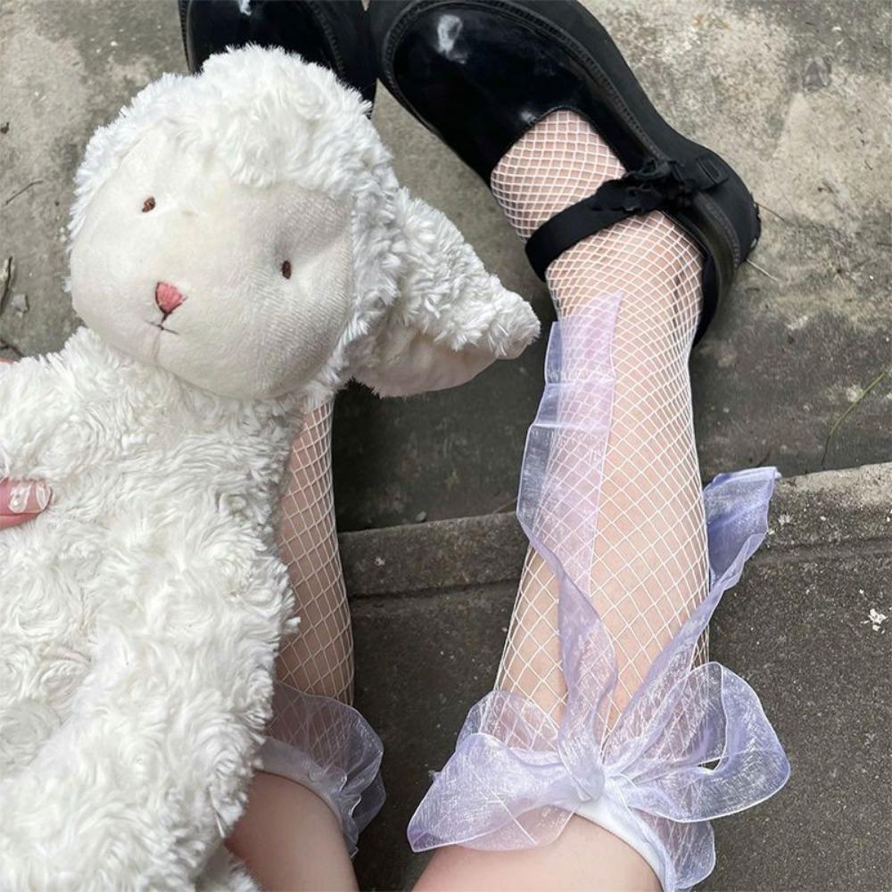 Ribbon Calf Socks Lace Lace Jk Socks Women's Medium Tube Strap Bow Hollow Half Net Socks Lolita