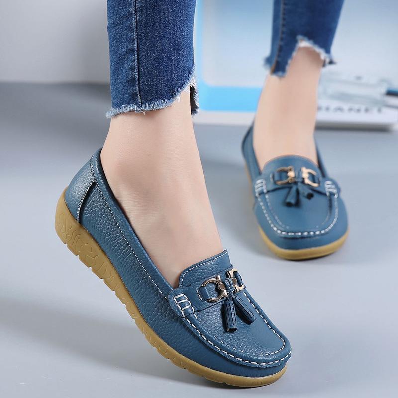 Autumn mother shoes single shoes women's flat bottom women's Doudou shoes genuine leather flat heel soft sole leather shoes large size women's shoes