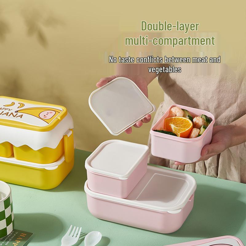 Double-Layer Cute Plastic Bento Box with Cutlery - Divided Compartments for Kids, Students, and Office Use, Microwave Safe