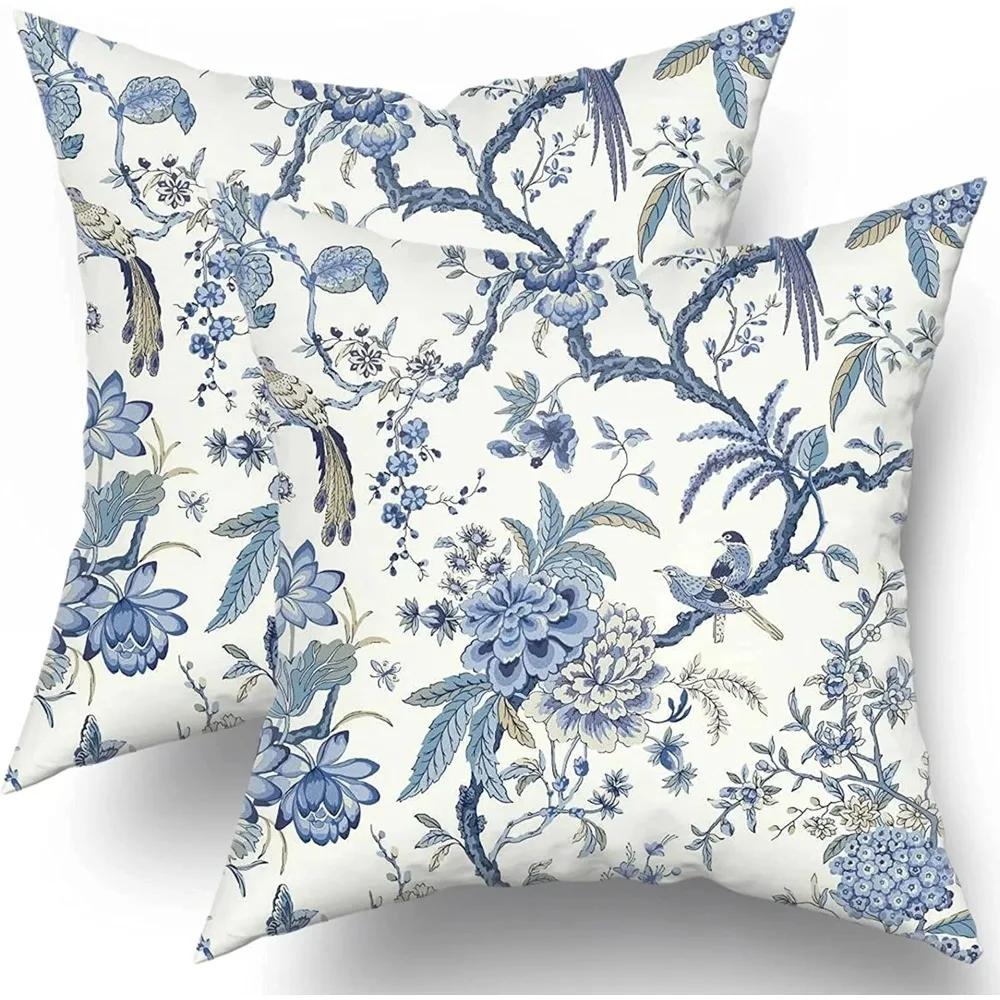 

Chinoiserie Pillow Covers Set of 2 Blue and White Outdoor Bule Birds Flowers Throw 18x18 Inch Cotton Square Cushion Cover 45x45cm