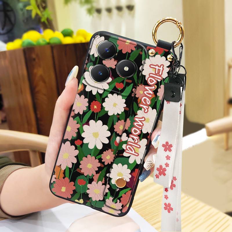 Soft Case Back Cover Phone Case For Realme C63 4G/C61 4G Wrist Strap Lanyard Protective Wristband Oil Painting Anti-dust