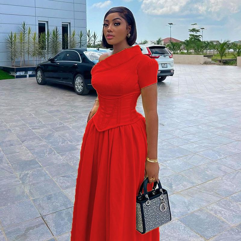 

2024 Summer Women s Off-Shoulder Short-Sleeve Mid-Length Dress with Waist Slimming Design 2XL